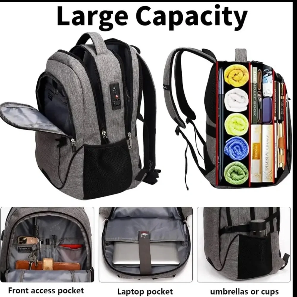 NWT Anti-Theft Laptop Backpack w/USB Port & Lock Fits 17” Laptop Travel, Work